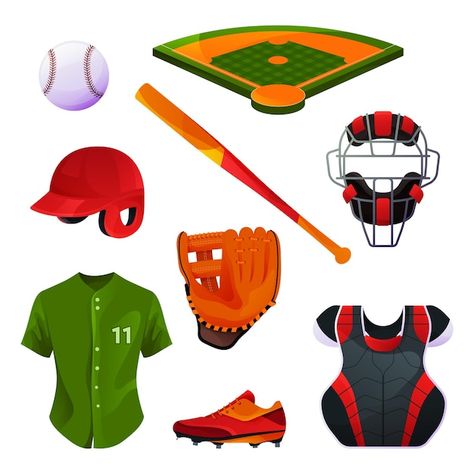 Baseball equipment and uniform, catcher'... | Premium Vector #Freepik #vector #baseball-ball #baseball #baseball-bat #baseball-field Bat Baseball, Baseball Ball, Baseball Equipment, Protective Gear, Baseball Field, Baseball Bat, Premium Vector, Graphic Resources, Bat