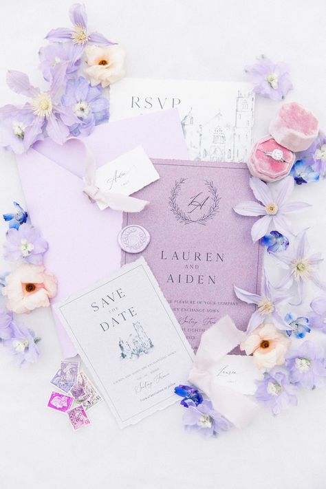 Lavender Inspired Wedding, Wedding Invitation Pastel Color, Beaufort Wedding, Light Purple Wedding Invitations, Light Blue And Purple Wedding Invitations, Chateau Wedding Invitation, French Chateau Wedding Invitations, Lavender Design, Venice Wedding