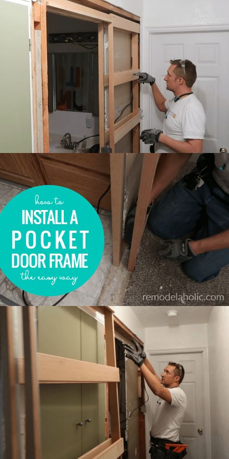 VIDEO TUTORIAL: How To Install A Pocket Door Frame In An Existing Wall The Easy Way #remodelaholic #pocketdoor #diy #remodeling #doorinstall Pocket Doors Diy, How To Install A Pocket Door, Diy Pocket Door, Pocket Doors Bathroom, Pocket Door Installation, Pocket Door Frame, Pocket Door, Entrance Design, Basement Bathroom