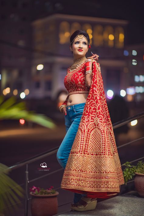 Bride With Jeans, Bride Jeans Outfit, Bride Parlour Shoot Indian, Parlour Shoot, Lehenga Poses, Bride Groom Photoshoot, Indian Bride Poses, Indian Bride Photography Poses, Bride Photos Poses