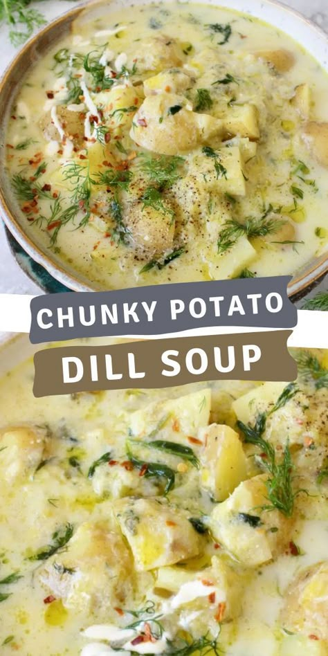 Potato Dill Soup, Dill Soup Recipe, Dill Soup, Spring Flavors, Dill Pickle Soup, Vegan Potato Soup, Pickle Soup, Dill Pickle Recipe, Soups Stews Chilis