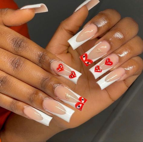 Baddi french tip Valentine’s day nails with red heartsBoyfriend letter initial nails Acyrilics Nails With Initial, Nail Art With Bf Initials, Nail Designs With Letters Ideas, Bape Heart Nails, B Initial On Nails, Nails Dedicated To Boyfriend, Nail Ideas Boyfriend Initial, Valentine Day Nails With Initial, Nails Initials Boyfriend