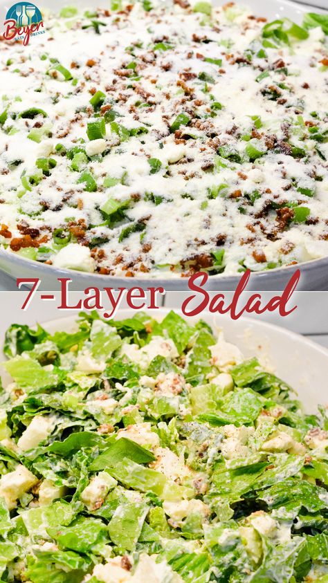 Overnight lettuce salad is my grandma's 7-layer salad recipe made with lettuce, cauliflower, mayonnaise, onions, celery, bacon, and parmesan cheese. This salad is always a favorite at family events like Easter dinner or Christmas. It makes a huge amount of salad, so you will want to cut it in half if you are making it just for your family of four or five people. 7 Layer Salad With Cauliflower, Salad With Cauliflower, Overnight Salad, Hot Bacon Dressing, 7 Layer Salad, Lettuce Salad Recipes, Layer Salad, Drinks To Make, Seven Layer Salad