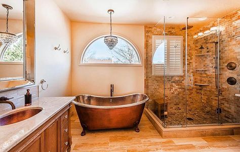 Copper Tub (Buying Guide) - Designing Idea Copper Soaking Tubs Master Bath, Copper Tub Bathroom Ideas, Bathroom With Copper Tub, Copper Tub Bathroom, Soaking Tubs Master Bath, Hammered Copper Tub, Claw Bathtub, Tub Bathroom Ideas, Copper Soaking Tub