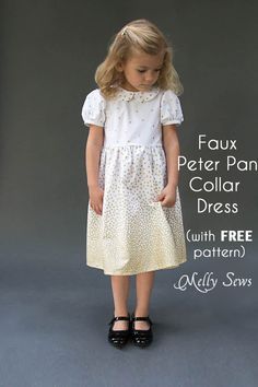 Faux Peter Pan Collar Dress - with FREE pattern - Melly Sews Free Dress Patterns For Kids, Peter Pan Collar Dress Pattern, Free Dress Sewing Patterns, Collar Dress Pattern, Baby Dress Pattern Free, Girls Dress Pattern Free, Melly Sews, Patterns For Kids, Toddler Dress Patterns