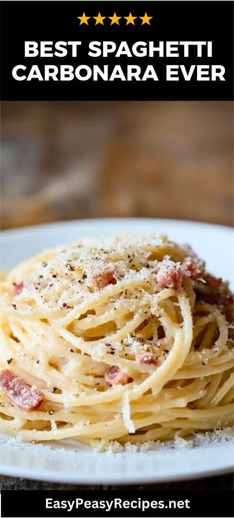 Looking for a comforting pasta dish that's easy to make? Try this Classic Italian Spaghetti Carbonara. Made with just a handful of simple ingredients like spaghetti, eggs, cheese, and pancetta, this creamy pasta is bursting with flavor. Perfect for a family dinner or a special occasion, you can whip it up in less than 30 minutes. Get ready to transform your meal with this delightful recipe that pairs well with a crispy green salad. Enjoy the authentic taste of Italy right in your kitchen! Spaghetti With Pancetta, Pasta Alla Giadzy, Authentic Pasta Sauce Italy, Italian Pasta Dishes Authentic, Spaghetti Carbonara Easy, Pancetta Pasta Recipes, Pasta Carbonara Easy, Easy Spaghetti Recipes, Creamy Carbonara Pasta