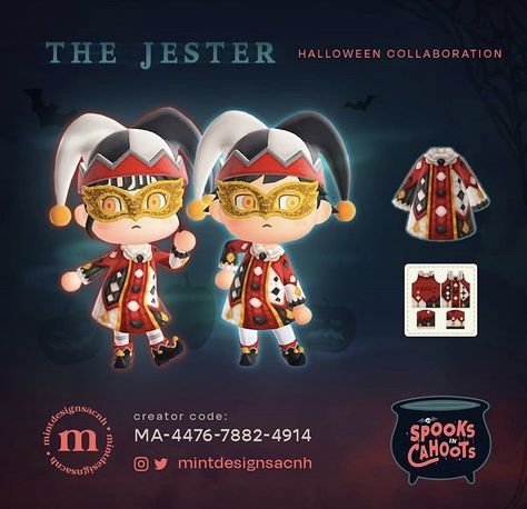 Animal Crossing Jester Outfit, Acnh Circus, Acnh Halloween Code, Ac Outfits, Jester Halloween, Acnh Halloween, Acnh Fashion, Ur Gay, Ac Ideas