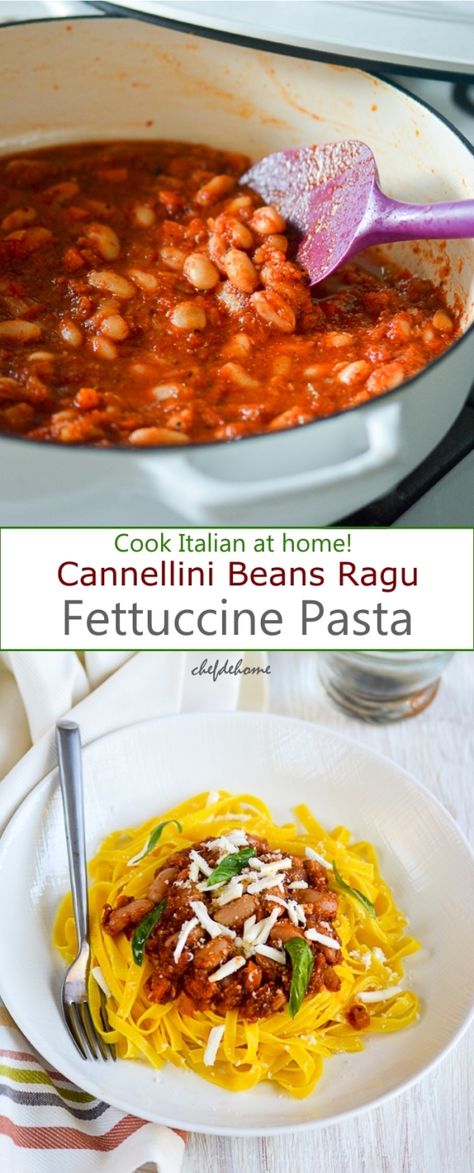 Cannellini Beans Ragu Fettuccine Pasta - Meatless and hearty Italian Dinner at home! Bean Ragu, Vegan Munchies, Canellini Beans, Ragu Pasta, Veggie Protein, Dinner Kids, Orange Punch, Vegan Pasta Dish, Ragu Recipe