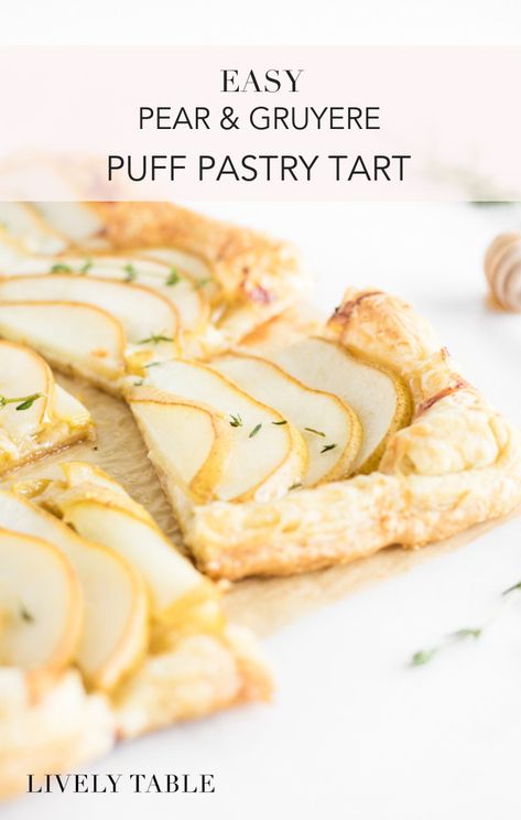 This Pear Gruyere Puff Pastry Tart is a delicious and easy holiday appetizer! With only 5 simple ingredients, this sweet and savory party appetizer is sure to please! (#vegetarian, #nutfree) #pears #gruyere #tart #appetizer #holiday #christmas #entertaining #recipes Gruyere Puff Pastry, Tart Appetizer, Drink Appetizers, Gruyere Tart, Gameday Appetizers, Easter Food Appetizers, Puff Pastries, Holiday Appetizers Easy, Christmas Delights