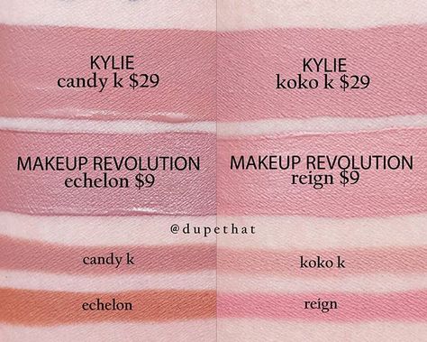 This set of @makeuprevolutionusa / @kyliecosmetics Lip Kit comparisons is a bit closer than the last (aside from the lip liners, those are pretty far off haha). As previously mentioned, NONE of the @makeuprevolutionusa Lip Kits are exact dupes for @kyliecosmetics. These two liquid lipsticks ARE pretty close, but MUR's Echelon dries to be a bit deeper than Kylie's Candy K, and MUR's Reign is a bit lighter, brighter, and more yellow than Kylie's Koko K. See previous posts for formula deets! Koko K, Permanent Makeup Machine, Hollywood Makeup, Lipstick Tutorial, Lip Liners, Kylie Cosmetic, Lots Of Makeup, Lip Service, Lip Kit