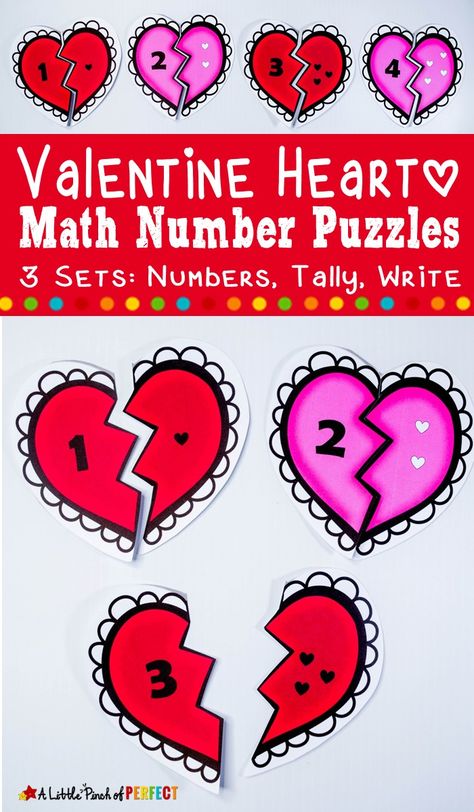 A Printable Valentine Heart Number Matching Activity that's simple to set up and easy to adapt for any young learning stage. Kids can learn to count, identify numbers, and subitize with this cute set of Valentine Heart Number Puzzles. The printable includes 3 sets of hearts that include numbers 1-10.  (#valentinesday #preschool #Kindergarten #math #kidsactivity) Valentine Math Preschool, Valentine Math Activities, Valentines Preschool, Preschool Valentines Activities, Kids Holidays, Valentine Paper, Kindergarten Valentines, Math Valentines, Heart Kids