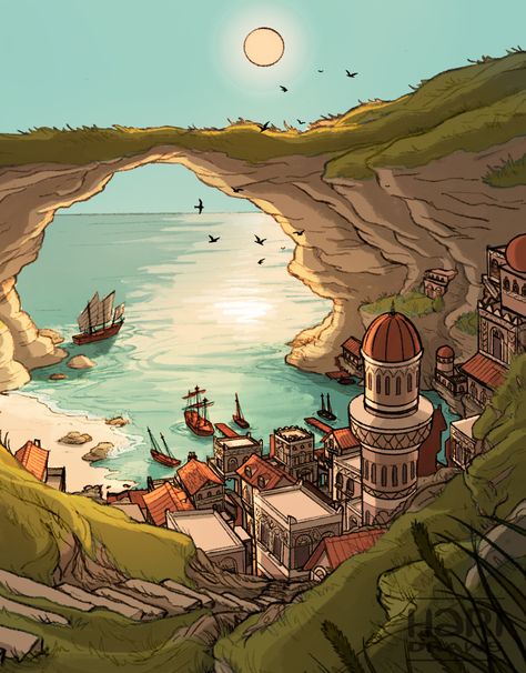 Fishing City Fantasy Art, Island Village Fantasy Art, Costal City Fantasy Art, Fishing Villages Concept Art, Beach City Concept Art, River Village Concept Art, Cliffside Village Concept Art, Tropical Village Concept Art, Fantasy Mountain Village Concept Art