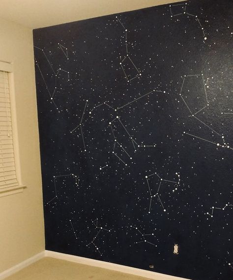 Constellation Accent Wall, Stars Wall Painting, Constellation Room Ideas, Constellation Room Decor, Celestial Wall Painting, Constellation Wallpaper Bedroom, Constellation Themed Bedroom, Diy Constellation Wall, Wall Shelf Painting Ideas