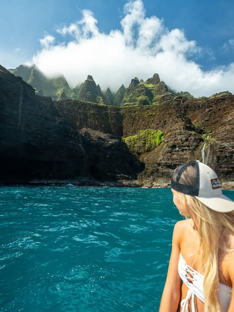 Napali Coast Boat Tour Kauai Hawaii Kauai Must Do, Nepali Coast Kauai Hawaii, Kauai Hawaii Things To Do In, Kauai Hawaii Aesthetic, Kauai Honeymoon, Napali Coast Kauai, Hawaiian Honeymoon, Hawaii Aesthetic, Kauai Vacation