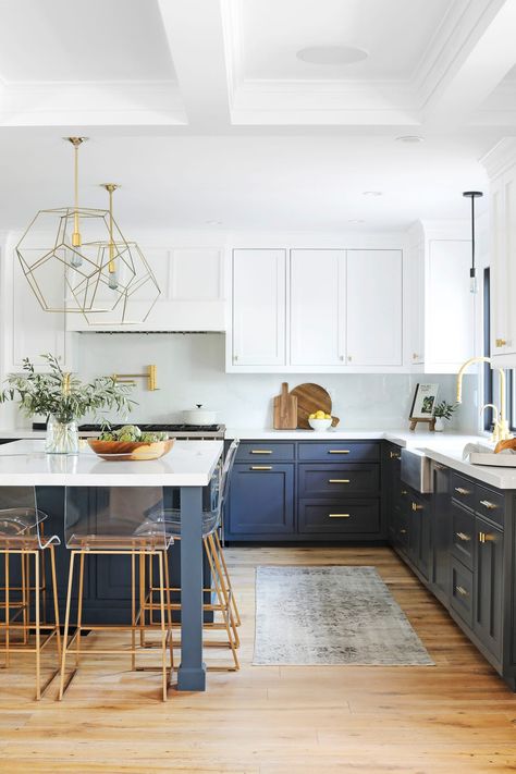 Kitchen White Cabinets Navy Island, Navy Blue Accent Kitchen, Blue Kitchen Lower Cabinets, Blue Accent Wall Kitchen, Dark Lower Kitchen Cabinets, Kitchen Ideas Blue Cabinets, Wood And Blue Kitchen, Navy And Wood Kitchen, White Kitchen Blue Island