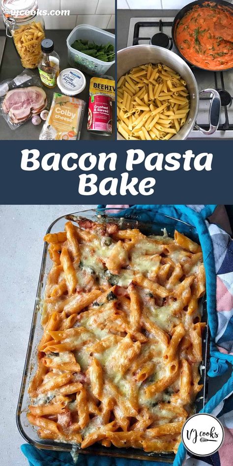 This bacon pasta bake is so easy to make with bacon, penne, spinach, cream cheese and garlic. Topped with a golden cheese crust. Chicken Bacon Pasta Recipes, Chicken And Bacon Pasta, Spinach Cream Cheese, Bacon Rice, Healthy Pasta Bake, Bacon Pasta Recipes, Bacon Pasta Bake, Vegetable Pasta Bake, Cheese Pasta Bake