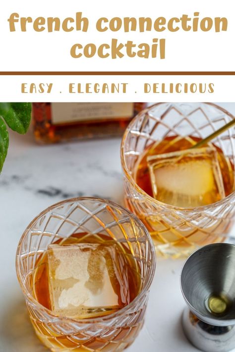 The French Connection Cocktail is a simple amaretto cocktail recipe, and it happens to be one of my favorites! Sippable and boozy, it’s made with just two key ingredients - amaretto and cognac, plus ice. Mix it up for a smooth, flavorful after dinner drink! French Connection Drink Recipe, Classy Drinks, Amaretto Drinks, French Cocktails, Virgin Drinks, Italian Liqueur, The French Connection, Drink If, Cocktails To Try