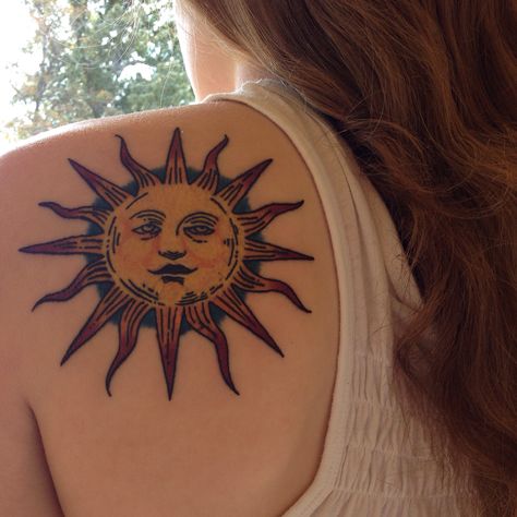 My new tattoo! ❤️ #sun #color #ink Sun Color Tattoo, Sun And Moon American Traditional Tattoo, Whimsical Sun Tattoo, Colorful Sun Tattoo, Mexican Sun Tattoo, Sun Tattoo Color, Sun Chest Tattoo, Sun Face Tattoo, Sun Shoulder Tattoo