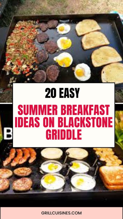 Elevate your summer mornings with these 20 easy breakfast ideas cooked on a Blackstone griddle! From fluffy pancakes to sizzling bacon and eggs, burritos, Sandwiches, tacos, pizza, and french toast these recipes are perfect for lazy summer days and outdoor gatherings. Fire up your grill and start your day with delicious summer breakfast recipes perfect for camping or large crowd. Breakfast On A Flat Top Grill, Cooking On A Griddle Recipes, Easy Griddle Breakfast Ideas, Eggs On The Blackstone, Blackstone French Toast Recipes, Grilling Breakfast Recipes, Camping Breakfast Ideas Blackstone, Easy Blackstone Breakfast, Bacon On Blackstone Griddle