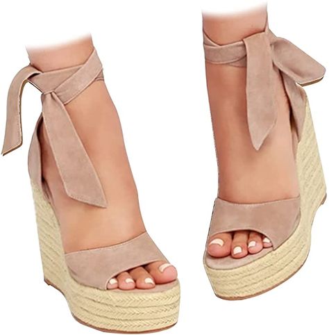 Amazon.com | Womens Espadrilles Wedges Sandals Heels Open Toe Tie Lace Up Platform Ankle Strap Summer Dress Shoes | Platforms & Wedges Summer Dresses Shoes, Womens Espadrilles Wedges, Walking In Heels, Lace Up Espadrilles, Open Toe High Heels, Wedges Sandals, Women's Espadrilles, Lace Up Wedges, Wrap Heels