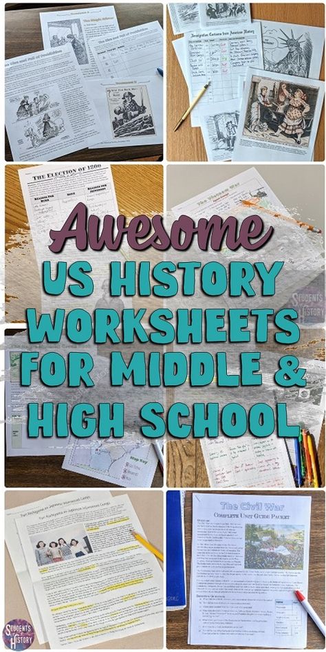 If you're looking for printable US History worksheets for your middle school or high school classroom, check out these from Students of History! Each one includes an answer key, editable Google Doc version, and more! Middle School Us History, Middle School History Activities, History Teacher Classroom, High School History Classroom, High School World History, 8th Grade History, 7th Grade Social Studies, Teaching Us History, Teaching American History