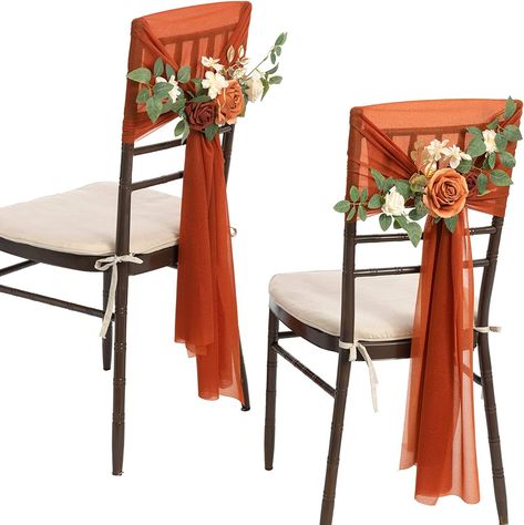 Ling's moment Aisle Floral Decorations with Drapes for Wedding Ceremony Aisle Pew and Chair Back Decoration (Set of 8, Terracotta) Wedding Chair Sashes Ideas, Chair Sash Ideas Wedding, Drapes For Wedding, Wedding Ceremony Aisle, Wedding Ceremony Chairs, Round Wedding Tables, Chivari Chairs, White Folding Chairs, Wedding Chair Sashes