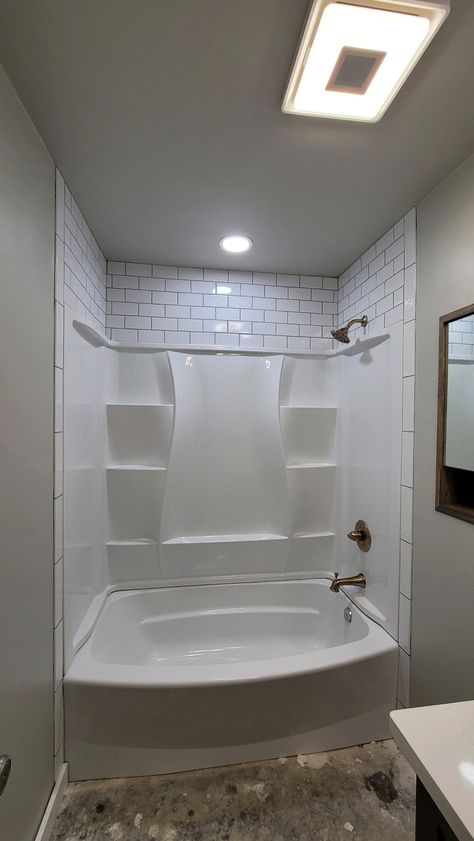 Bathroom Surround Ideas, Mobile Home Tub Remodel, Bathtub Shower Combo Simple, Bath Insert Ideas, Wide Bathtub Shower Combo, Tub Insert With Tile Above, Bathroom Tub Insert Ideas, Easy Bathtub Remodel, Small Shower Insert