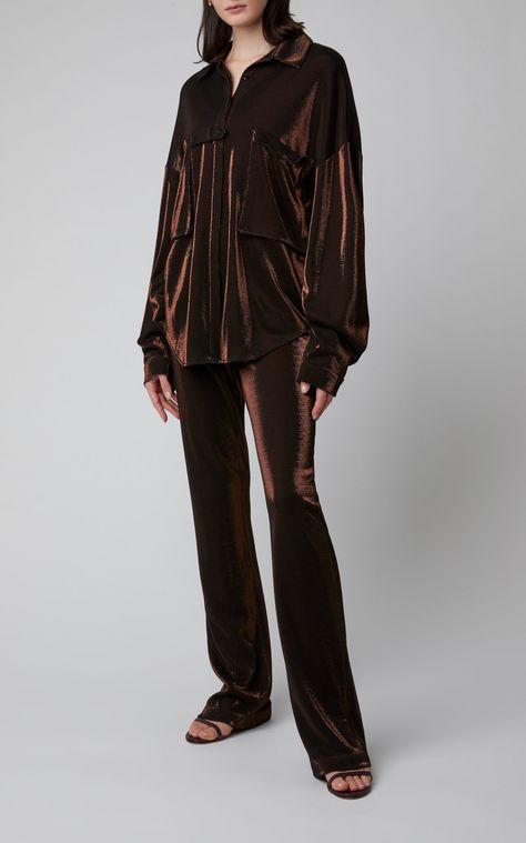 Oversized Metallic Jersey Shirt  by SALLY LAPOINTE Now Available on Moda Operandi #LESPARISIENNES #MODAEDIT Well known for its high end, distinct fabrics, Sally LaPointe's shirt is designed with one that's lightweight yet lustrous. Crafted from metallic jersey, this shirt is made in an oversized silhouette that hangs loosely off the body. It's finished with two large front patch pockets, which makes carrying a phone or scrunchie extra convenient. Velvet Outfit, Sally Lapointe, Velvet Dress Designs, Silk Clothes, Velvet Clothes, Flatlay Styling, Fabric Inspiration, Flared Pants, Dress Shirts For Women