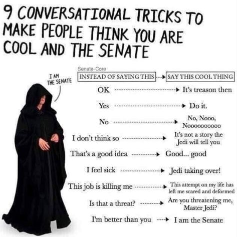 How to make friends and alienate people. The Jedi at least anyway! #starwars #sith #jedi #theemperor #senator #palpatine #iamthesenate #socialskills #social #conversation #cool #geekhumour #geek #nerd #funny #silly #ninjamitton Darth Plagueis The Wise, Star Wars Trivia, I Am The Senate, Darth Plagueis, Star Wars Meme, Funny Star Wars Memes, Prequel Memes, Star Wars Bb8, Star Wars Facts