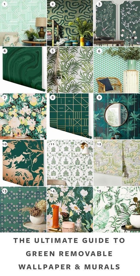 The Ultimate Guide to Shopping for Removable Wallpaper + The Best Patterns (Organized by Color!) on jojotastic.com Green temporary wallpaper and peel and stick wallpaper review including Hygge & West, Chasing Paper, Graham & Brown, Urban Outfitters. Removable murals. #wallpaper #tempwallpaper #temporarywallpaper #removablewallpaper #peelandstickwallpaper Wallpaper For Kitchen The Wall Green, Peel And Stick Wallpaper Colorful, Cottage Green Wallpaper, Green Wallpaper Half Bath, Peel And Stick Wallpaper Home Office, Removeable Accent Wall, Green Tile And Wallpaper Bathroom, Peel And Stick Green Wallpaper, Non Toxic Wallpaper