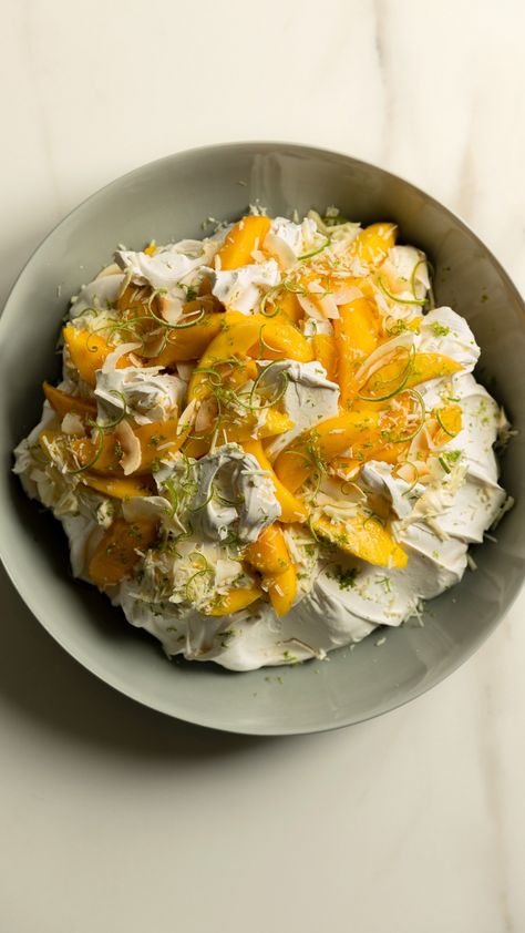 Mango, Lime & Toasted Coconut Smashed Pavlova with White Chocolate | Delicious food, simple wholesome recipes & the occasional sweet treat | Gather & Feast Smashed Pavlova, Ashley Alexander, Flavour Combinations, Chocolate Fondant Cake, Mango Dessert, Lime Cake, Pavlova Recipe, Latest Recipe, Quick Healthy