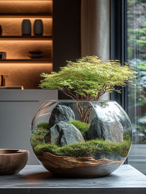 Scandinavian Moss Art, Minimalist Aquascape, Scandinavian Moss, Bonsai Terrarium, Moss Design, Plant In Glass, Aquascape Design, Beautiful Terrariums, Moss Plant