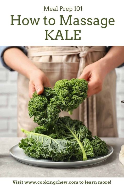 Why Do You Massage Kale?  Why? Because without massaging the leaves, you can’t release the sugars inside them. When you soften them, it makes them taste better and they’re also much each to munch on. Massage Kale How To, How To Massage Kale, Massaging Kale, Massage Kale, Massaged Kale, Kale Leaves, Olive Oil And Vinegar, Healthy Meals To Cook, Kale Chips