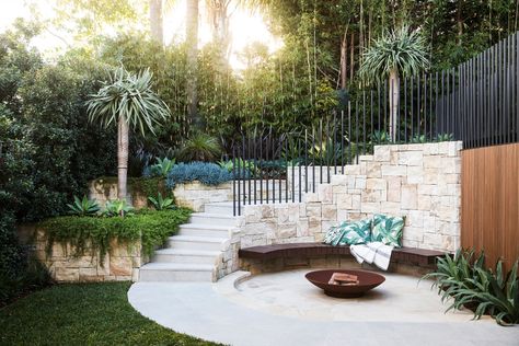 Sydney Gardens, Tropical Patio, Cool Fire Pits, Outdoor Seating Area, Australian Garden, Garden Makeover, Low Maintenance Garden, Fire Pit Backyard, Retaining Wall