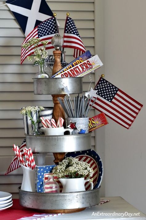 Show your red, white, and blue, with a Modern Farmhouse Tiered Tray all decorated for the 4th of July - AnExtraordinaryDay.net 4th Of July Tiered Tray Decor, Farmhouse Tiered Tray, Fourth Of July Decorations, Serving Tray Decor, July Ideas, Tiered Serving Trays, Tray Ideas, Fourth Of July Decor, July Decor