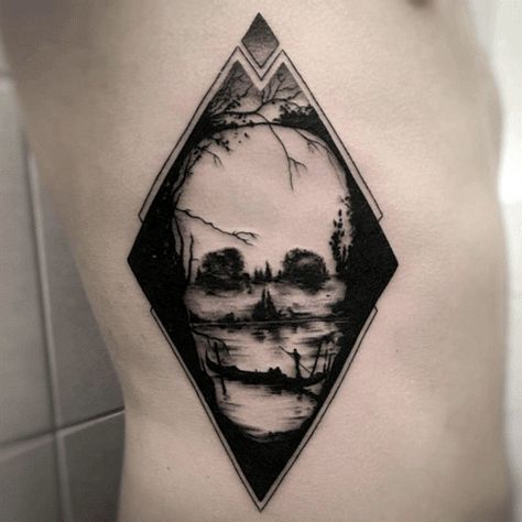 Triangle Skull Nature Lake Optical Illusion Mens Rib Cage Side Tattoo Design Tattoo Crane, Illusion Tattoo, Scenery Tattoo, Lake Tattoo, Optical Illusion Tattoo, Landscape Tattoo, Awesome Tattoos, Skull Tattoo Design, Side Tattoos