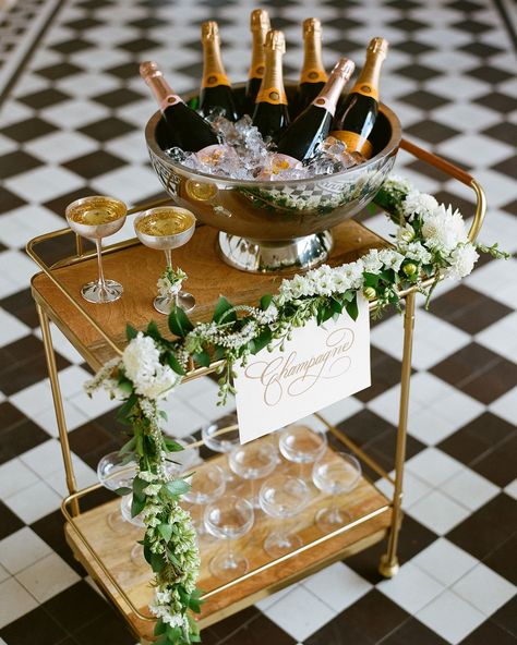 20 Bar Carts That'll Transform Your Wedding's Cocktail Hour and Reception #WeddingBars #WeddingBarCarts #BarCarts #WeddingDrinks | Martha Stewart Weddings Wedding Bar Cart, Wedding Brunch Reception, Winter Bridal Showers, Cocktail Hour Wedding, Red Bouquet Wedding, Champagne Bar, Asheville Wedding, Wedding Drink, Brunch Wedding