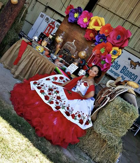 Quinceañera charro mexican dress #red#white#roses Quinceanera Charro, Mexican Theme Party Decorations, Charro Quince, Vestido Charro, Mexican Quinceanera, Mexican Quinceanera Dresses, Mexican Birthday Parties, Charro Quinceanera Dresses, Quinceanera Planning