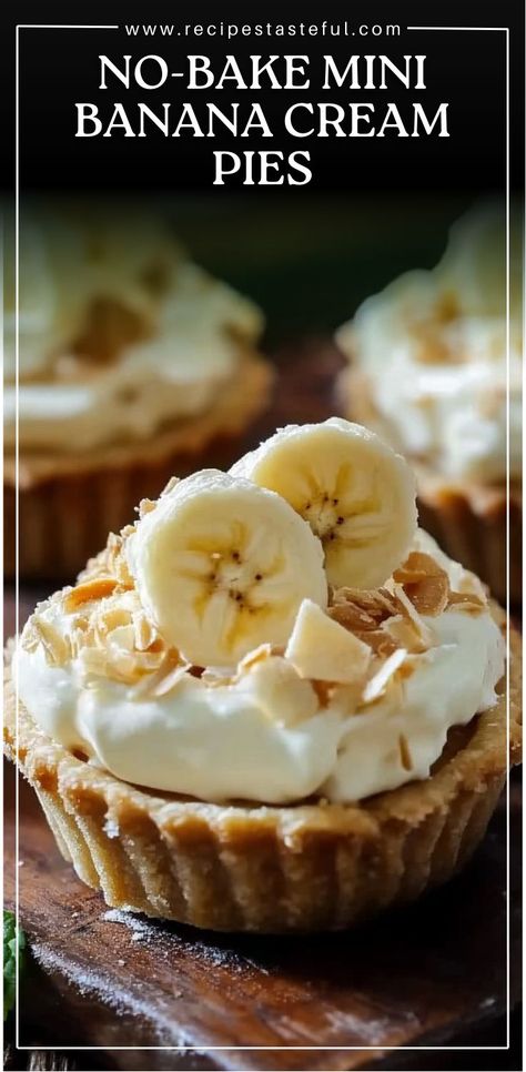 These No-Bake Mini Banana Cream Pies are a quick and easy dessert with a creamy banana filling, crunchy graham cracker crust, and a light whipped cream topping. They're perfect for any occasion, offering the sweet and comforting flavors of banana cream pie without the need to turn on the oven. Mini Banana Desserts, Mini Graham Cracker Crust Pies, Banana Cream Pie Filling, Banana Filling, Mini Pie Crust, Cream Pie Filling, Whipped Cream Topping, Banana Cream Pudding, Christmas Baking Cookies