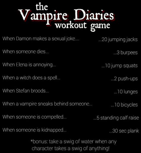 The Vampire Diaries workout game Tvd Workout, Mystic Falls High School, Vampire Diaries Episodes To Watch When, Tvd Songs List, Vampire Diaries Workout, The Vampire Diaries Songs, Vampire Diaries Playlist, Tv Show Workouts, Movie Workouts