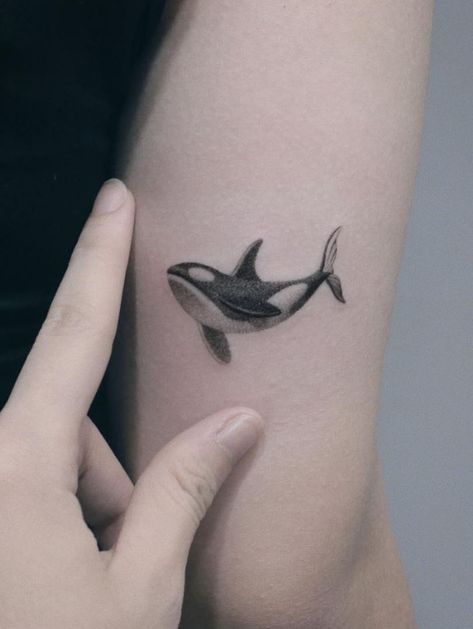 Dainty Orca Tattoo, Tattoos For Gym Rats, Orca Tattoo Minimalist, Orca Arm Tattoo, Small Orca Tattoo, Orca Tattoo Simple, Small Black And Grey Tattoos, Celeste Tattoo, Orca Tattoo Design