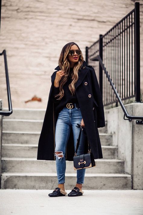 fashion blogger mia mia mine wearing steve madden faux fur slides and a prada cahier bag Gucci Mules Outfit Winter, Gucci Fur Mules Outfit, Prada Mules Outfit, Steve Madden Mules Outfit, Black Mules Outfit, Denim Trench Coat Outfit, Moms Jeans, Mules Outfit, Jeans Gucci