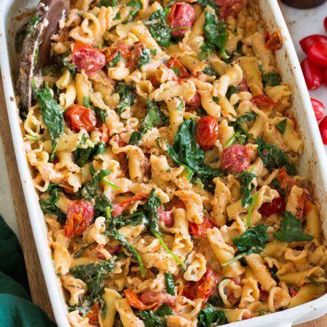 Baked Feta Pasta (TikTok Pasta) - Cooking Classy Spinach And Feta Pasta Bake, Feta Spinach Tomato Pasta, Tok Tok Pasta, Feta Pasta Bake With Spinach, Baked Feta Pasta With Spinach, Feta Pasta Bake With Chicken, Feta Tomato Spinach Pasta Bake, Pasta Recipes Feta, Tik Tok Baked Feta Pasta