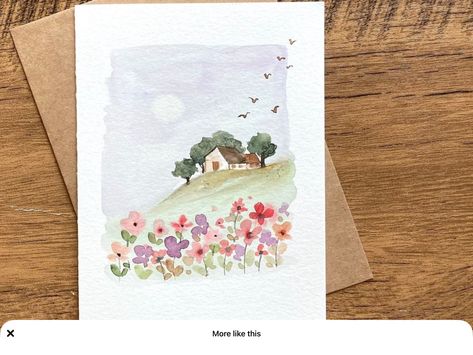 Mini Paintings Ideas Watercolors, Watercolor House Painting Simple, Watercolor Postcards Ideas, Watercolor Ideas For Beginners, Watercolor Words, Watercolor Postcards, Watercolor Collage, Watercolor House Painting, Watercolor Art Landscape