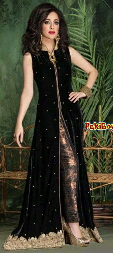 Black velvet                                                                                                                                                                                 More Velvet Gown Design, Style Guru, Salwar Kamiz, Desi Clothes, Dress Velvet, Desi Fashion, Indian Designer Wear, Churidar, Pakistani Fashion