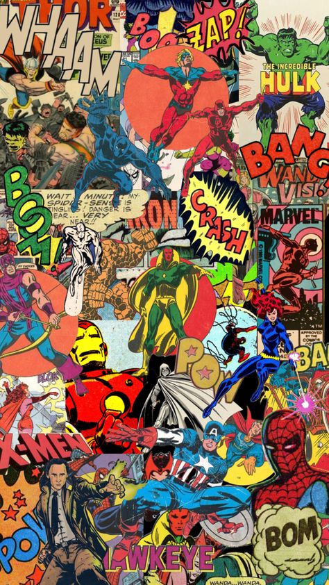 #marvel #comic #book #vintage Comic Book Wallpaper Desktop, Vintage Comic Book Wallpaper, Marvel Comic Collage, Marvel Comic Book Wallpaper, Comic Book Collage Art, Vintage Comic Book Aesthetic, Comic Book Wallpaper Aesthetic, Comic Book Wallpaper Iphone, Comic Background Aesthetic