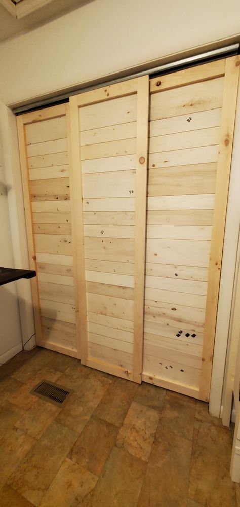 Made for around $100 sliding closet doors Floor Boards, Sliding Closet, Sliding Closet Doors, Engineered Hardwood Flooring, Hardwood Flooring, Closet Doors, Engineered Hardwood, White Board, Repurpose