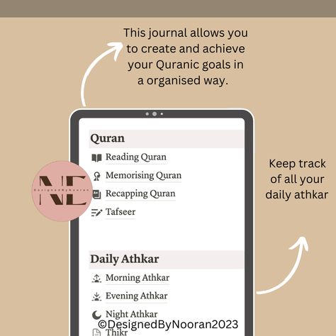 The Notion Islamic Journal is now available! Do you have trouble keeping up with your daily athkar? Can’t maintain consistency in reading the Quran? Want to start memorising the Quran? What to start learning more about your Deen?  It is never too late to organise your year with the Notion Islamic Journal. This Islamic Journal will help you organise the main aspects of your Islamic life. Start with this journal which is beginner-friendly and perfect for people with busy lives. Islam Notion Template, Notion Islam, Quran Journaling For Beginners, Journal Template Notion, Islamic Journal Ideas, Muslim Journal, Reading The Quran, Journal Ideas Aesthetic, Journal For Beginners