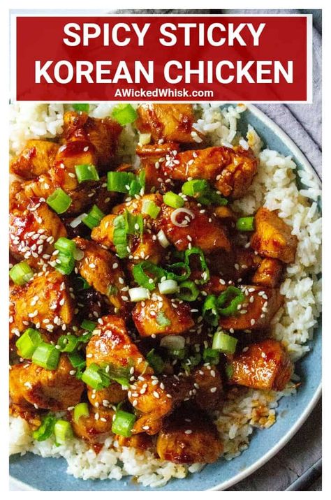 This Spicy Korean Chicken is sticky, savory, spicy, sweet and ready in under 30 minutes! Bite sized sauteed chicken smothered in a spicy Korean red sauce made with fiery gochujang, rice wine vinegar, soy sauce, honey, sesame oil, garlic and fresh ginger is the ultimate spicy comfort food. Serve over rice for the ultimate easy chicken dinner. #koreanchicken #koreanchickenrecipe #spicykoreanchicken #koreanchickenandrice #koreanchickenfood #koreanchickeneasy #koreanchickenbowl Gochujang Rice, Spicy Korean Chicken, Easy Chicken Dinner, Gochujang Sauce, Honey Sesame, Korean Chicken, Spicy Korean, Sauteed Chicken, Rice Wine Vinegar