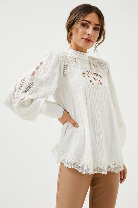 Lydia Millen Cutwork Embroidery Woven Blouse | Karen Millen Cutwork Dress, Lydia Millen, Ladies Clothes Fashion, Cutwork Embroidery, Bohemian Blouses, Voluminous Sleeves, Latest Tops, Ladies Wear, Ladies Clothes